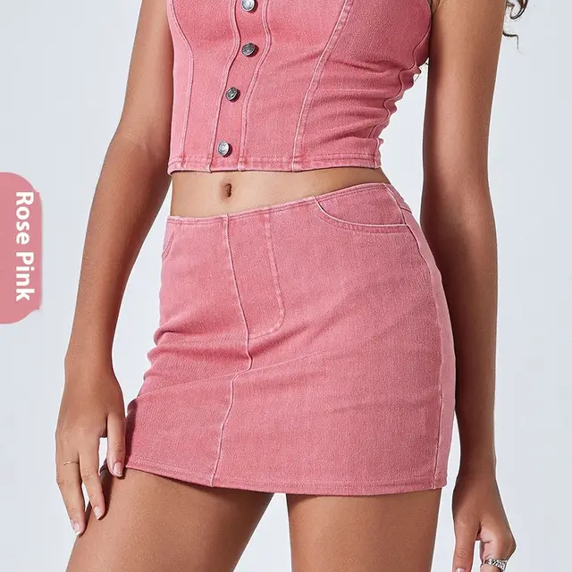 Spring And Summer New Color High Waist Denim Yoga Skirts Rose Pink - Shop at LoveMi