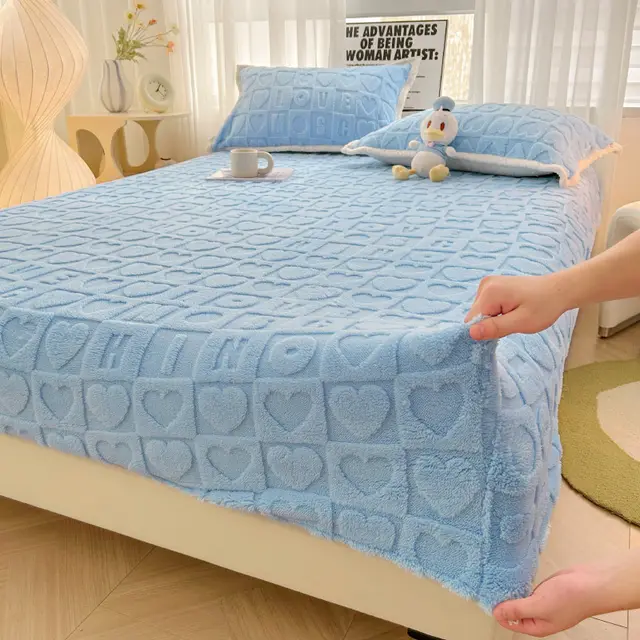 Milk Fiber Fitted Sheet Solid Color Tower Velvet Three dimensional Carved Letter Blue - Shop at LoveMi