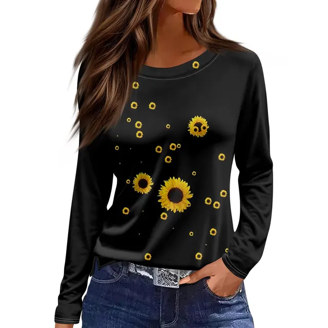 European And American Slim fit Cotton like Round Neck Printed Solid Color Long Sleeve Long Sleeve 236Style - Shop at LoveMi