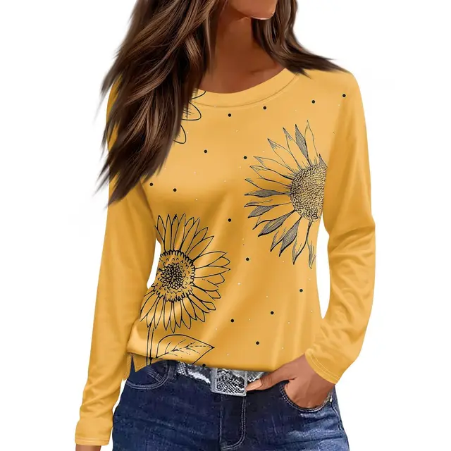 European And American Slim fit Cotton like Round Neck Printed Solid Color Long Sleeve Long Sleeve 237Style - Shop at LoveMi
