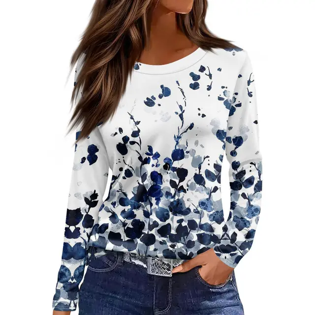 European And American Slim fit Cotton like Round Neck Printed Solid Color Long Sleeve Long Sleeve 239Style - Shop at LoveMi
