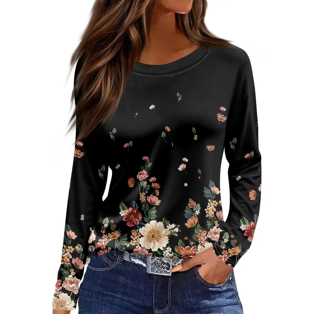 European And American Slim-fit Cotton-like Round Neck Printed Solid Colour Long Sleeve Long Sleeve - 241Style