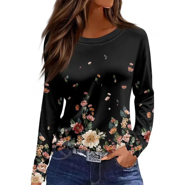 European And American Slim fit Cotton like Round Neck Printed Solid Color Long Sleeve Long Sleeve 241Style - Shop at LoveMi