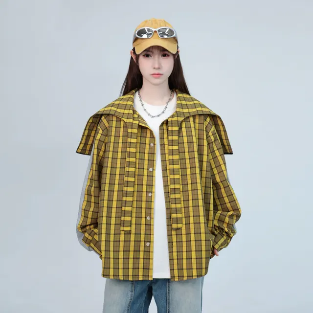 Shirt Plaid Patchwork Grey Cotton Yellow - Shop at LoveMi