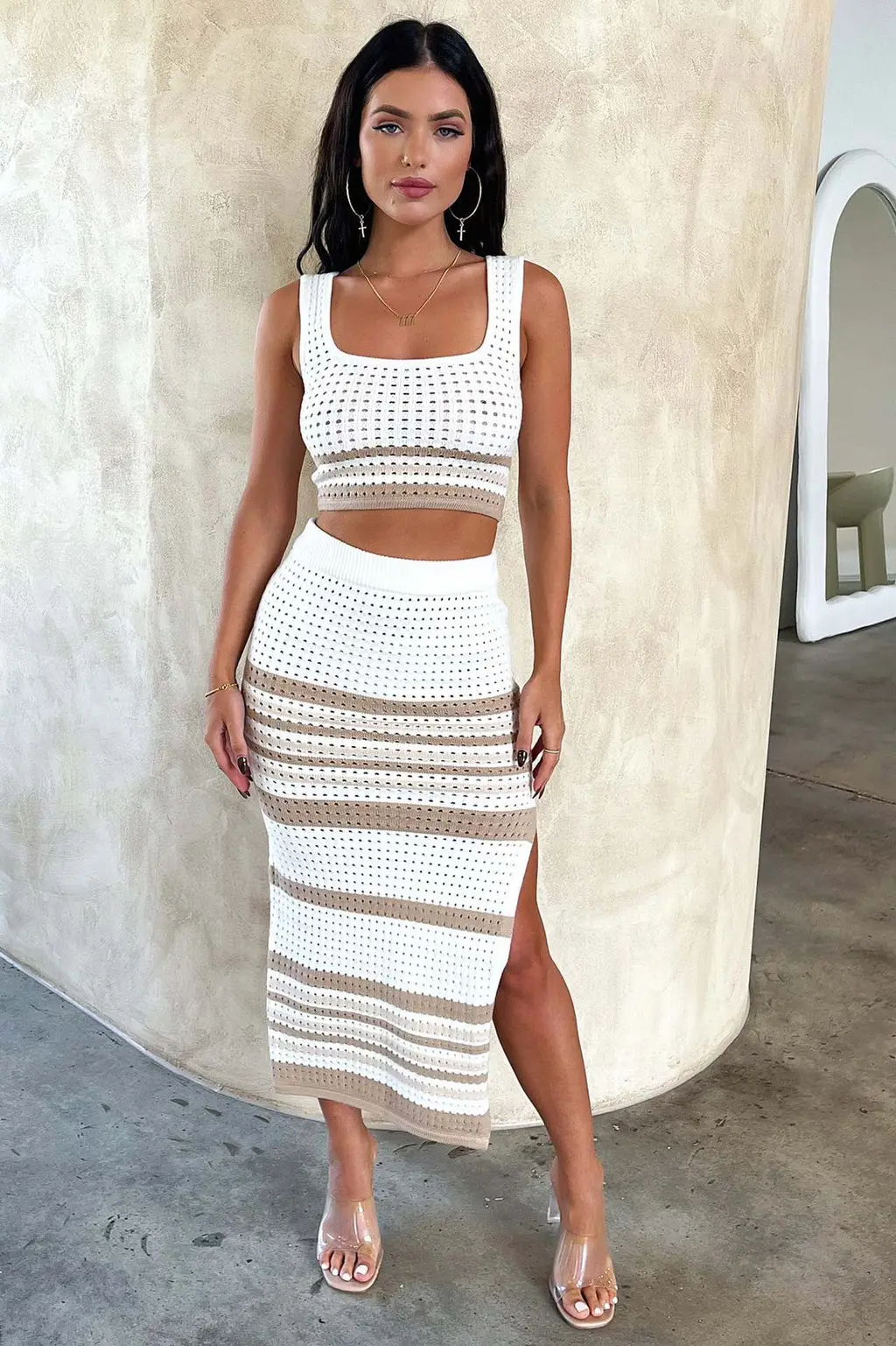 Summer New Sleeveless Vest Sexy Slit Striped Skirt Knitting Suit - Khaki