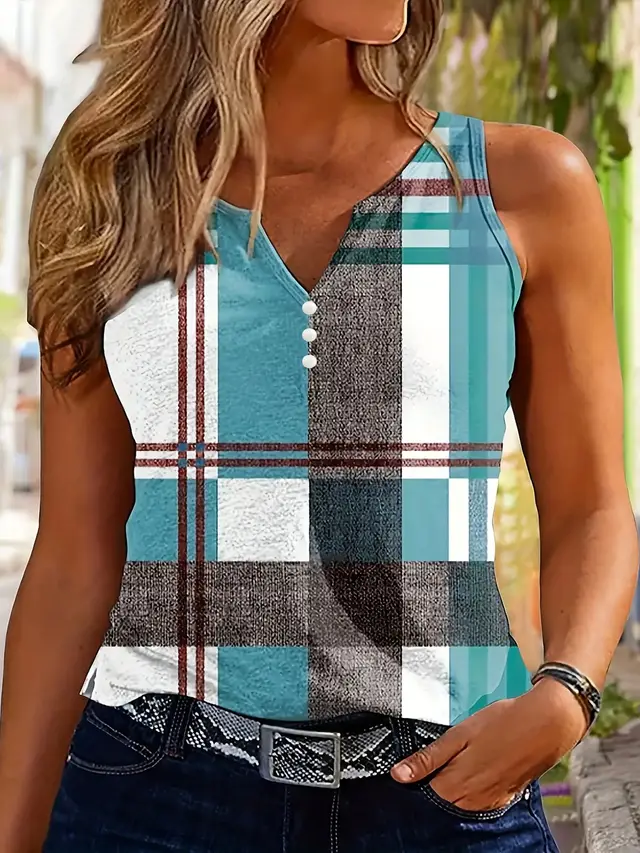 V neck Buttons Sleeveless 3D Digital Casual Loose Vest G45Z1467 - Shop at LoveMi