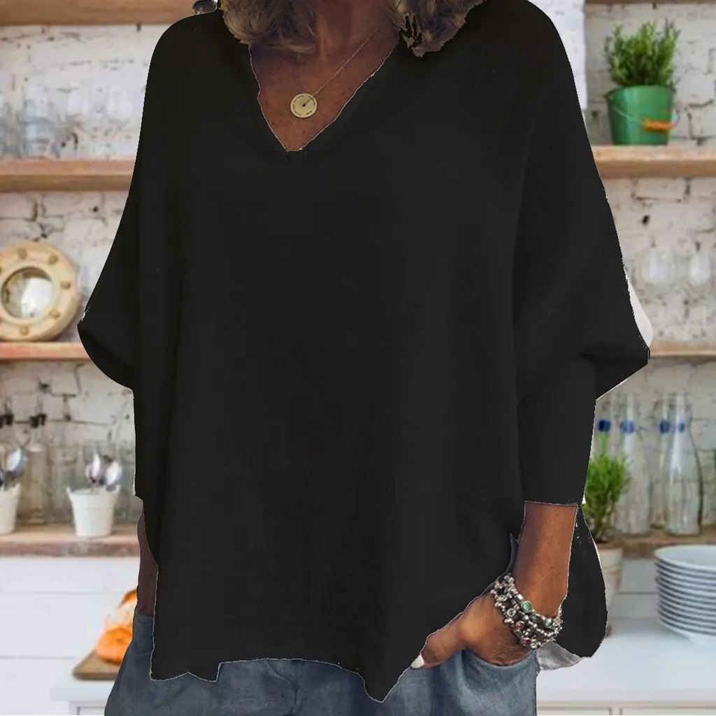 V-neck Solid Color Cotton And Linen Threaded Long Sleeve T-shirt - Black