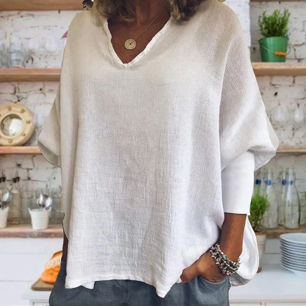 V-neck Solid Color Cotton And Linen Threaded Long Sleeve T-shirt - White