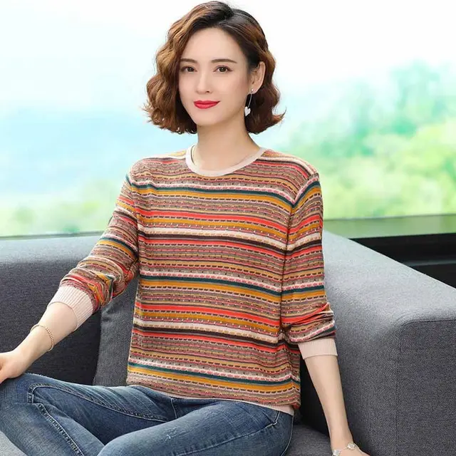 Striped Sweater Thin Bottoming Shirt Orange - Shop at LoveMi