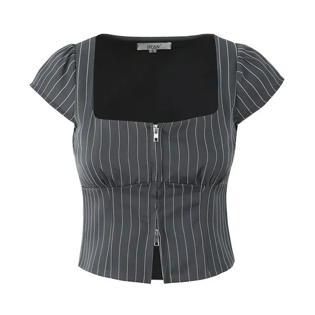 Sweet Stripes Fashion Double headed Zipper Short Top Gray - Shop at LoveMi