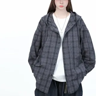 Hooded Plaid Long-sleeved Shirt Baggy Coat Retro Casual - Dark Grey