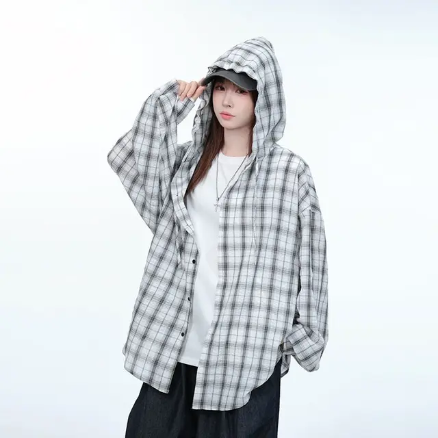 Hooded Plaid Long sleeved Shirt Baggy Coat Retro Casual White - Shop at LoveMi