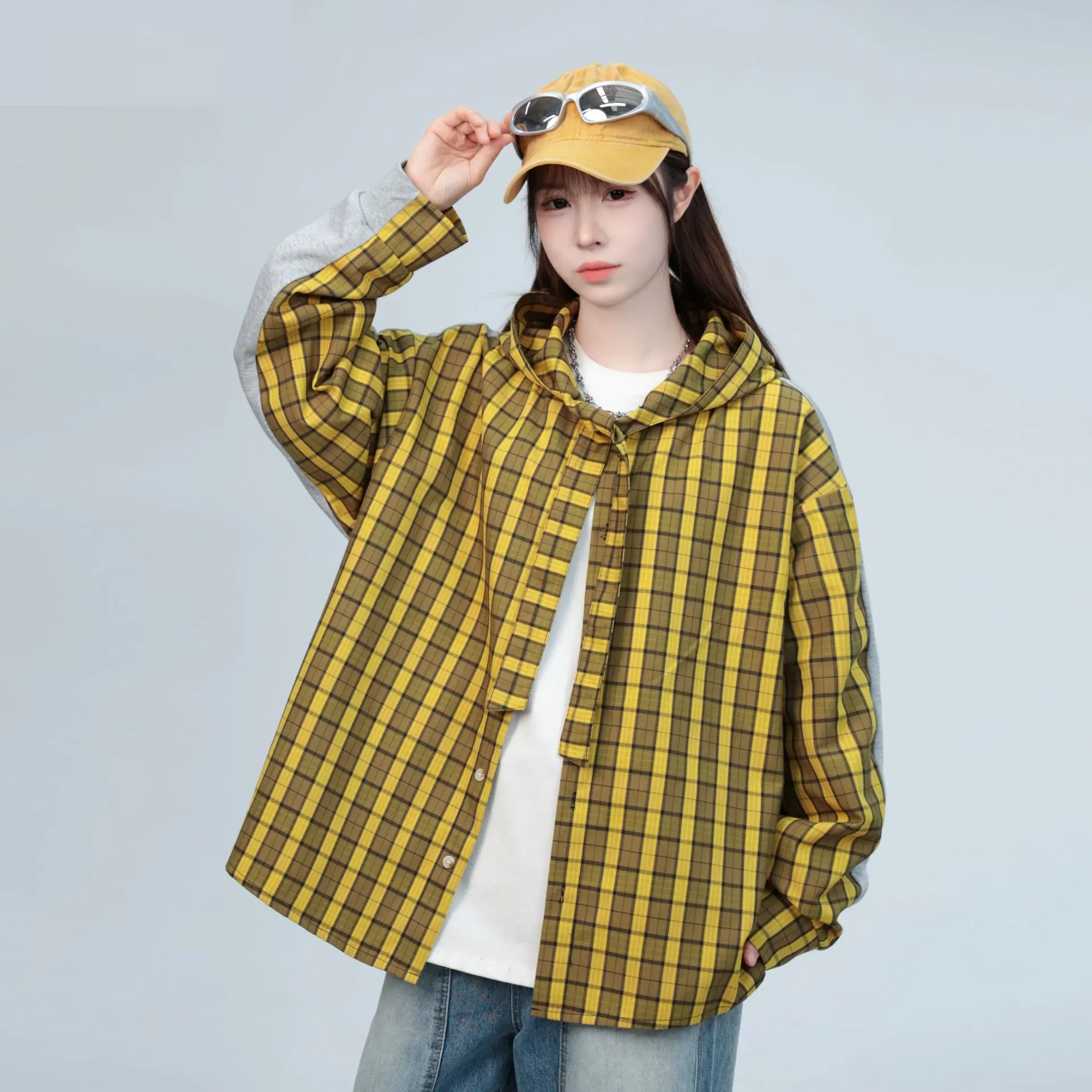 Plaid Stitching Gray Rayon Hooded Cape Shirt - Yellow