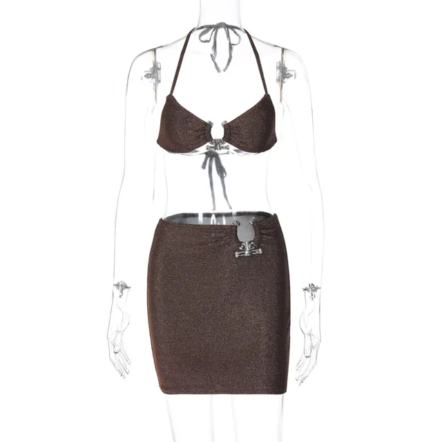 Summer New Night Club Style Sexy Lace up Chest wrapped Hip Skirt Two piece Suit Brown - Shop at LoveMi