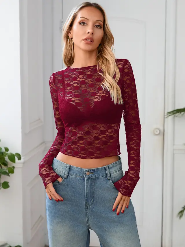 New Sexy Style Lace Short Top For Long sleeve T shirt Women Wine Red - Shop at LoveMi