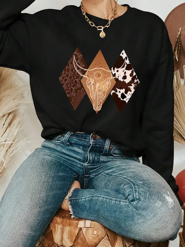 Casual Women Sweatshirt Cowboy Style Pattern Printing Hoodie Black - Shop at LoveMi