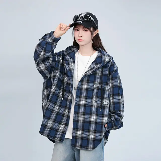 American Retro Plaid Shirt Men's And Women's Hooded Jacket Blue - Shop at LoveMi