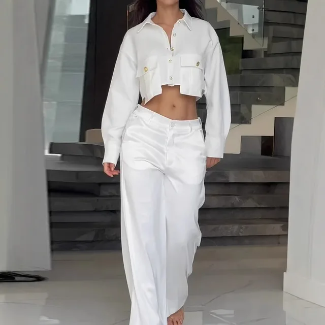 Midriff Outfit Long Sleeve Top Wide Leg Trousers White - Shop at LoveMi