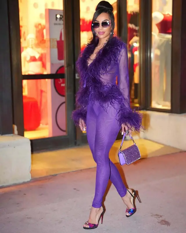 Fur Collar Trendy Lace Up Top Tight Stretch Trousers Suit Purple - Shop at LoveMi