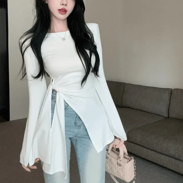 Irregular Slit Waist tight Strap Long sleeved T shirt Women White - Shop at LoveMi