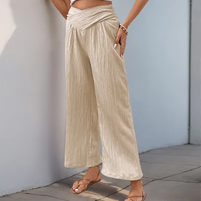 Women's High Waist Pure Color Cropped Wide leg Pants Apricot - Shop at LoveMi