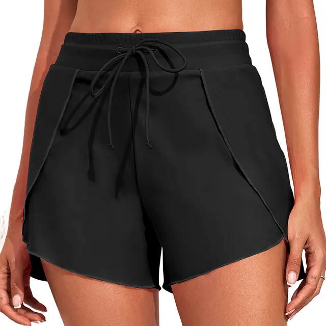 Quick drying High Waist Women's Swimming Trunks Summer Vacation Style Solid Color Black - Shop at LoveMi