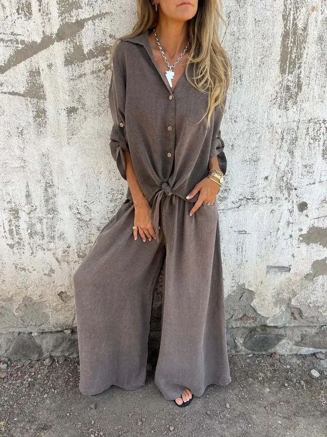 Women's Lapel Long Sleeve Cardigan Top Pants Suit Brown - Shop at LoveMi
