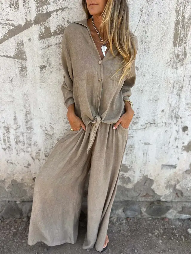 Women's Lapel Long Sleeve Cardigan Top Pants Suit Khaki - Shop at LoveMi