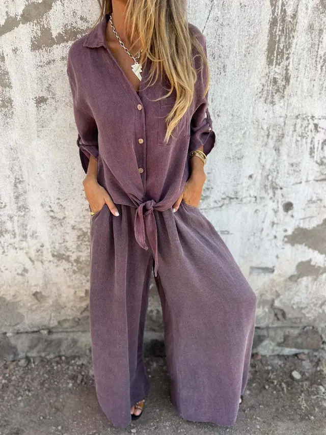 Women's Lapel Long Sleeve Cardigan Top Pants Suit Purple - Shop at LoveMi