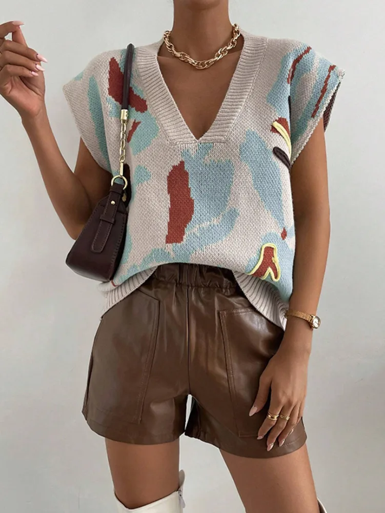 Knitted Vest V-neck Thread Jacquard Vest - Light Blue - View 1