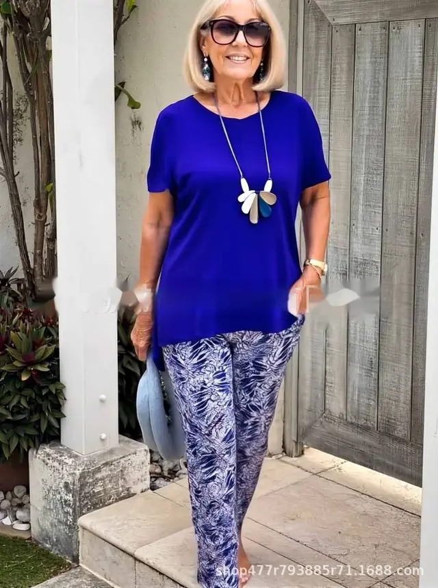 Short Sleeve Printed Top And Trousers Solid Color Pattern Casual Suit Sapphire Blue - Shop at LoveMi