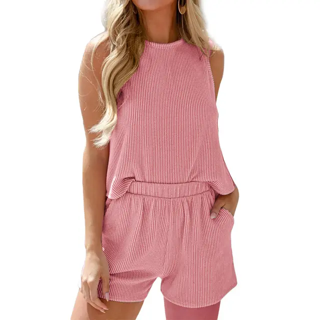 Women's Twist Strip Sleeveless Tank Top Shorts Striped Two piece Suit Dark Pink - Shop at LoveMi