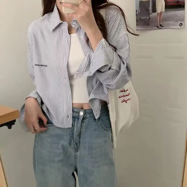 Vertical Striped Short Embroidery Shirt Blue Stripe - Shop at LoveMi