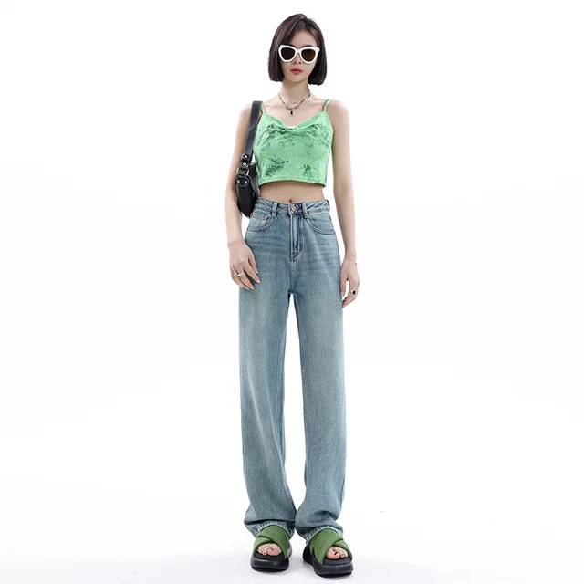 Women's Light colored Narrow Wide leg Jeans Light Blue Ninth Pants - Shop at LoveMi
