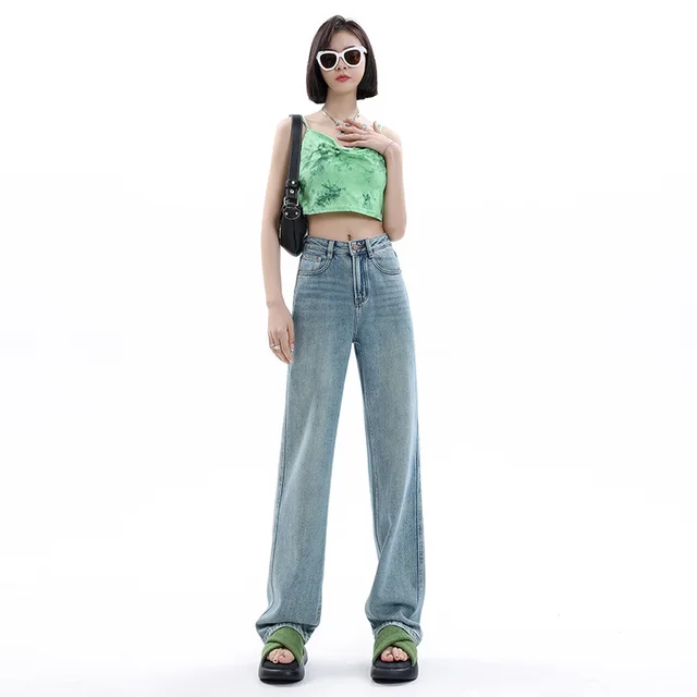 Women's Light colored Narrow Wide leg Jeans Light Blue Trousers - Shop at LoveMi