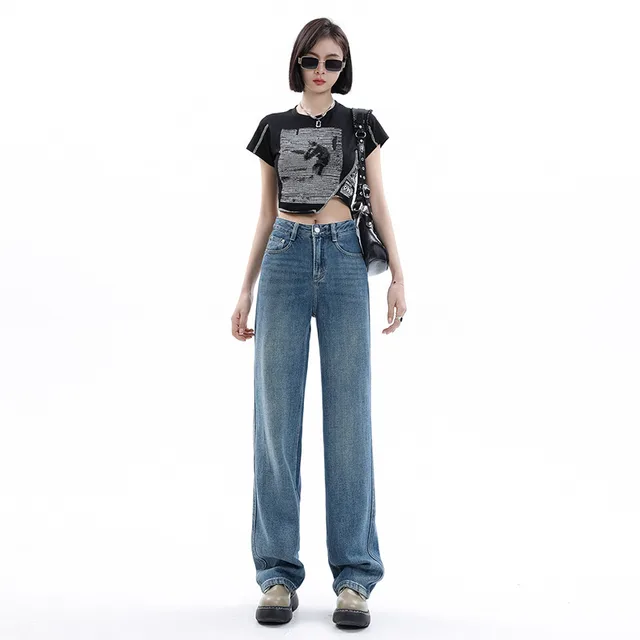 Women's Light colored Narrow Wide leg Jeans Retro Blue Cropped - Shop at LoveMi