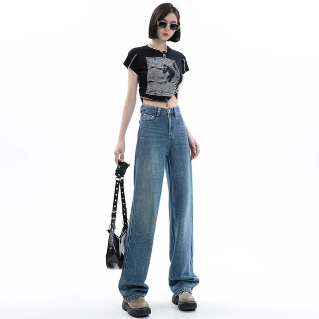 Women's Light colored Narrow Wide leg Jeans Retro Blue Lengthened - Shop at LoveMi