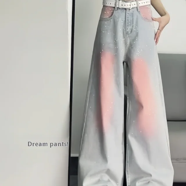 Plus Size American Retro Distressed Rhinestone Jeans Pink - Shop at LoveMi