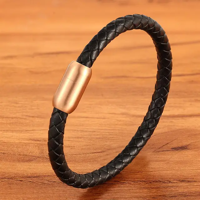 Men's Stainless Steel Genuine Leather Rope Braided Bracelet Rose Gold 21Cm - Shop at LoveMi