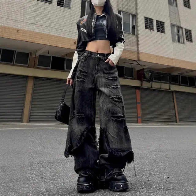 High Street Distressed Cargo Jeans Wide Leg Trousers Black - Shop at LoveMi