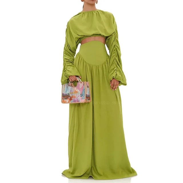 Casual Round Neck Tied Pleated High grade Long Sleeve Design Two piece Set Green - Shop at LoveMi