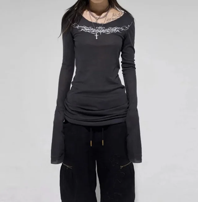 Personalized High Street Printed T shirt For Women Spring New Casual Top Dark Gray - Shop at LoveMi