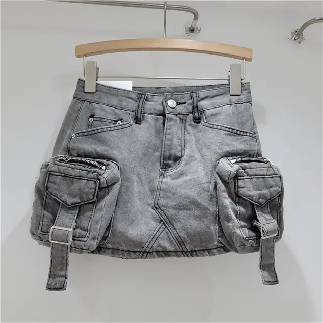 Retro Three dimensional Workwear With Pocket Denim Skirt Gray - Shop at LoveMi