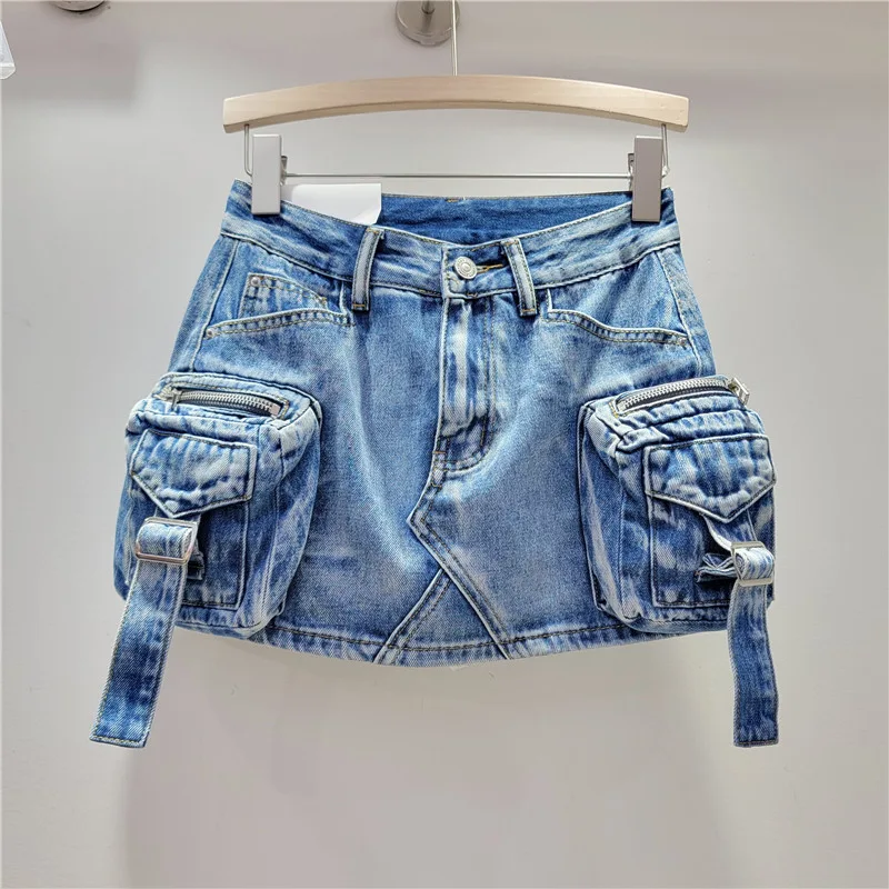 Retro Three dimensional Workwear With Pocket Denim Skirt Light Blue - Shop at LoveMi