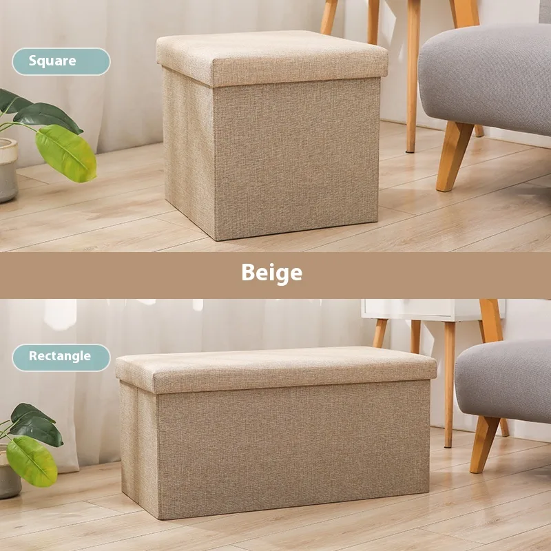 Household Folding Storage Organizer Sofa Shoe Changing Bench Cotton And Linen Storage Stool - Khaki - View 1
