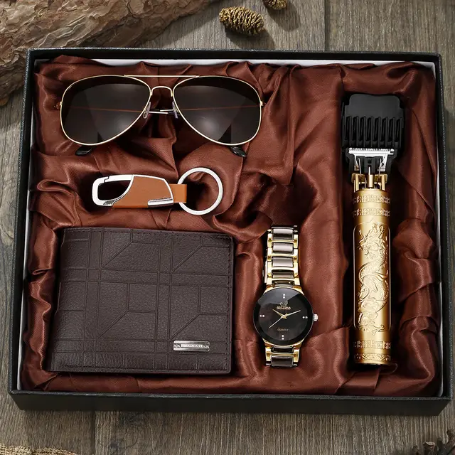 Steel Belt Quartz Watch Personality Wallet Shaver Gift Set Black Face Gold Shaving Kit - Shop at LoveMi