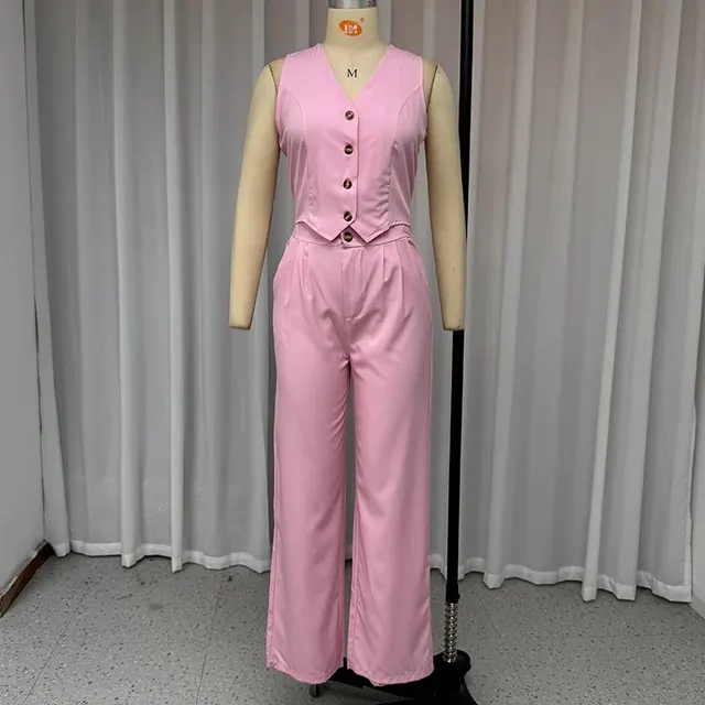 Women's Solid Color And V neck Sleeveless Vest Elegant Suit Pants Suit Pink - Shop at LoveMi