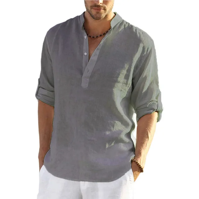 Casual Linen Shirt Solid Color Gray - Shop at LoveMi