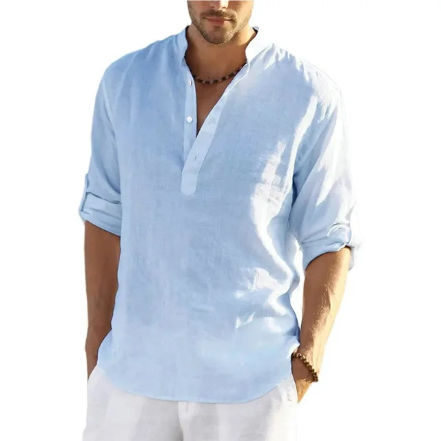 Casual Linen Shirt Solid Color Light Blue - Shop at LoveMi
