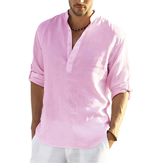 Casual Linen Shirt Solid Color Pink - Shop at LoveMi